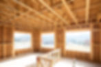 wooden house with timber beams and wood frame