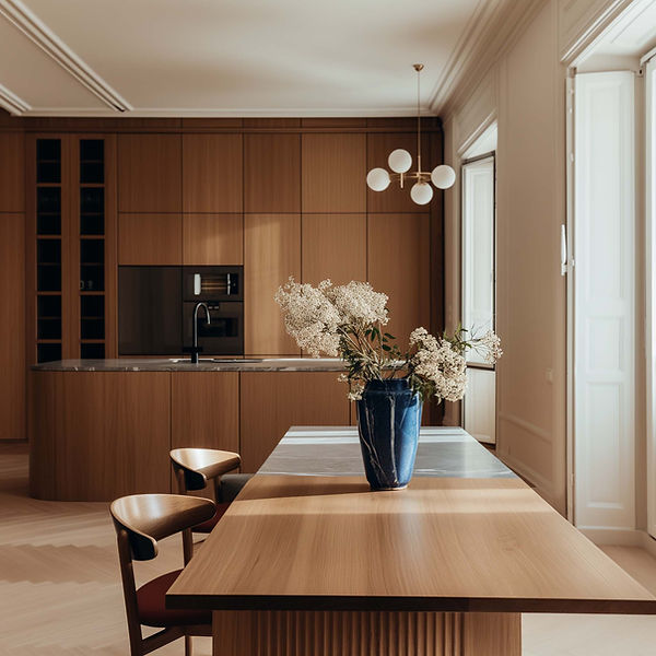 wood table and wood panel in dining room