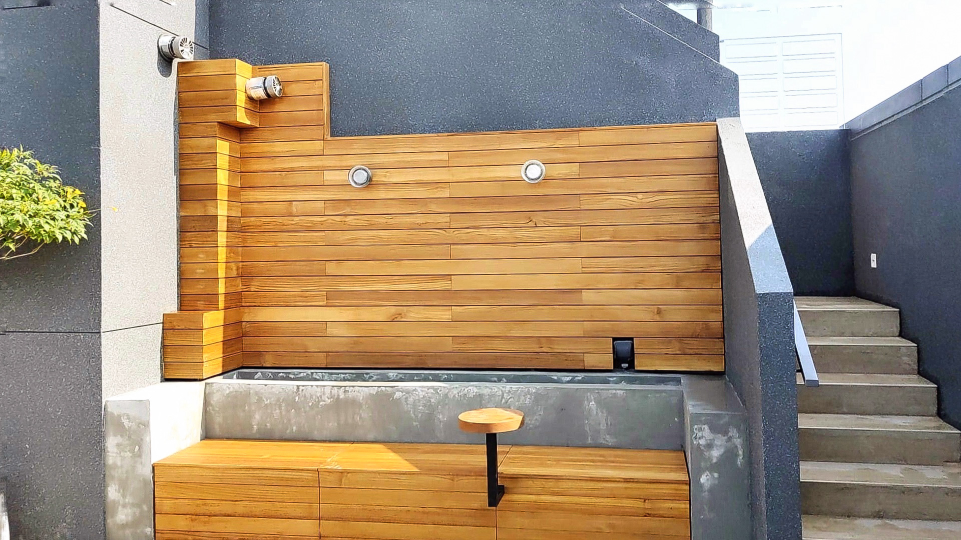 Wall cladding, timber cladding, wood bench, side table