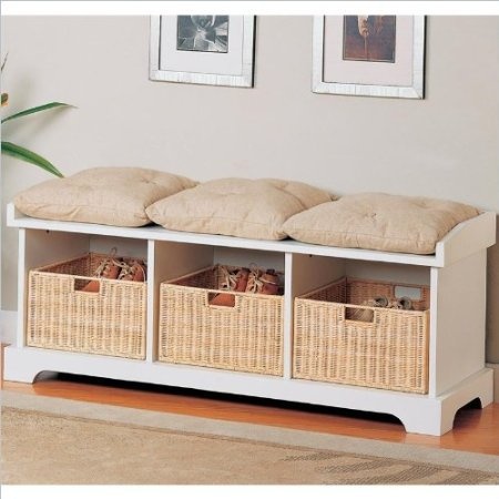 coaster storage bench with baskets and cushions white